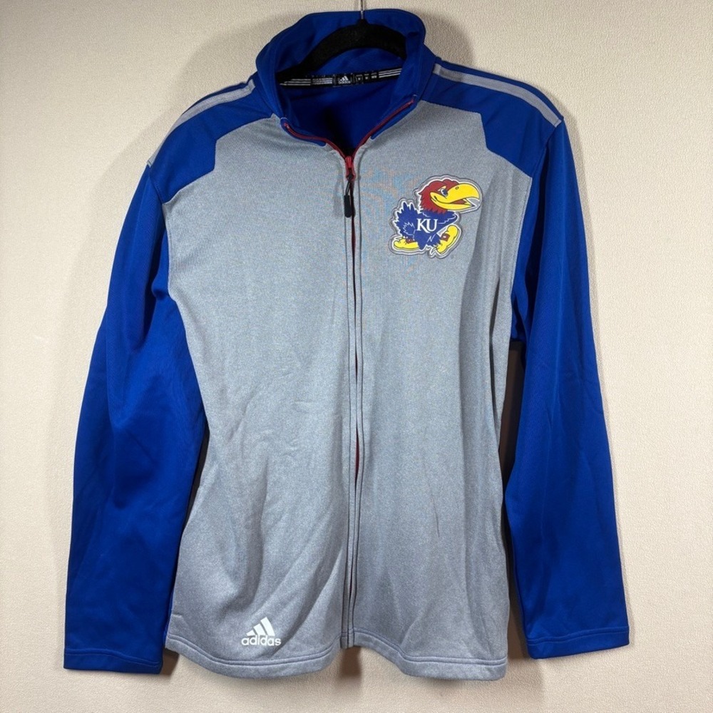 Adidas Kansas Jayhawks Full Zip Track Jacket Sweatshirt Blue Grey College NCAA
